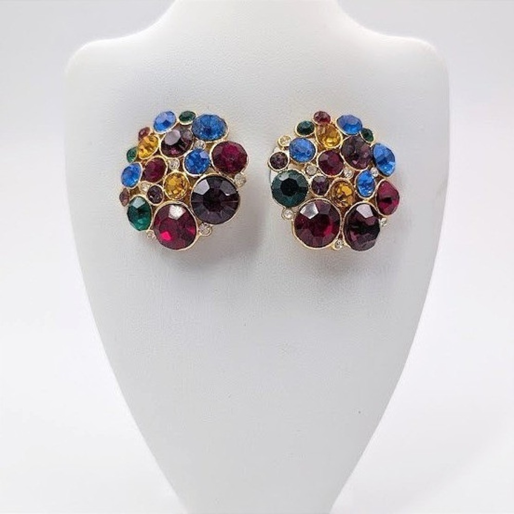 VTG Rhinestone Cluster Earrings Gold Tone‎ Multicolor Pave Clip On Rainbow